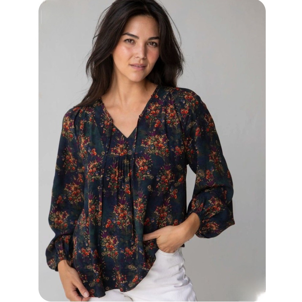 Natural Life Navy Rowan Peasant Blouse V-Neck Boho Top Floral Fall Colors Sz XS